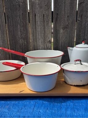 Lot of Vintage Red & White Enamelware